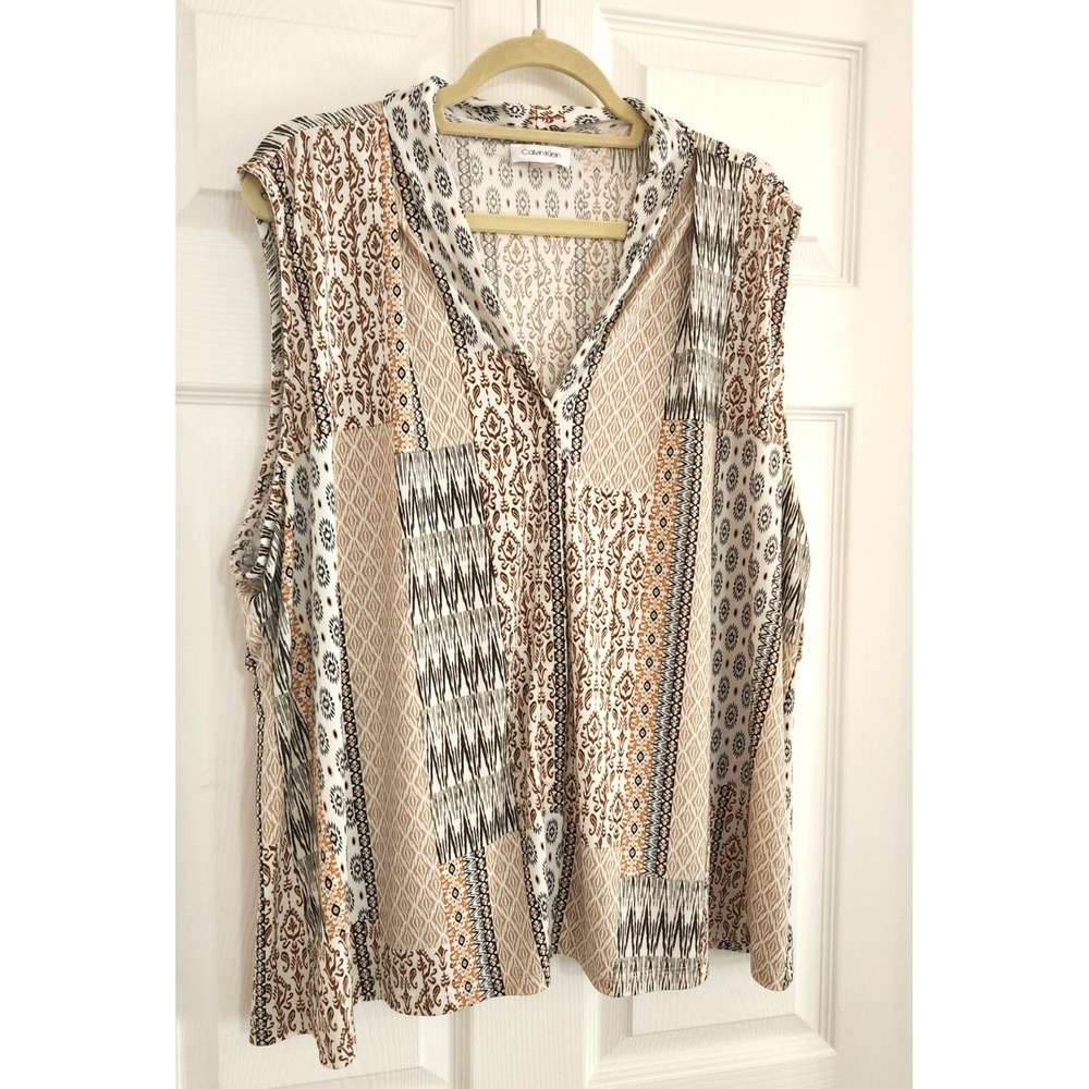 Calvin Klein Peach Beige Black Patch Print Sleeveless Button Up Blouse Size 3XL